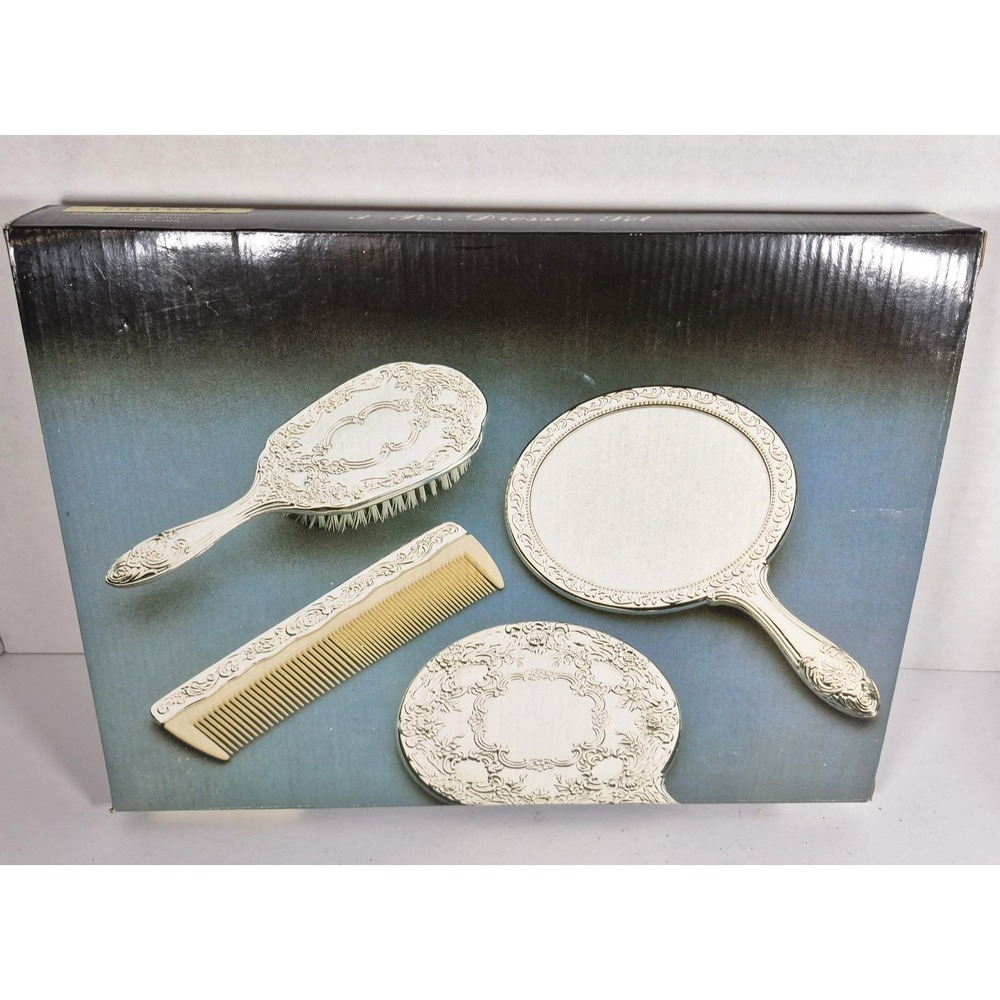 Vintage NOS 3 Pc Gold Tone Vanity Dresser Set Mirror Brush Comb Style 231 Box